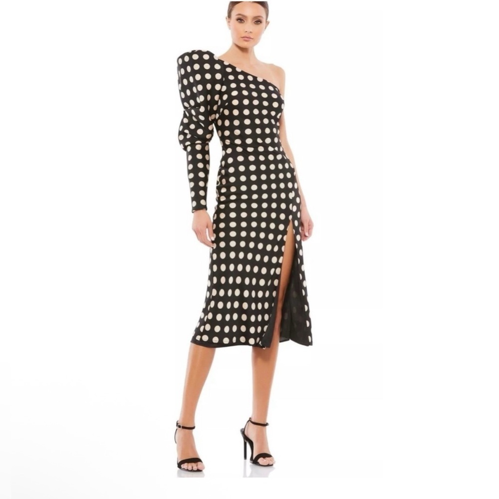 NEW IEENA MAC DUGGAL One Shoulder Polka Dot‎ MIDI DRESS Size 8 $398  PUFF SLEEVE